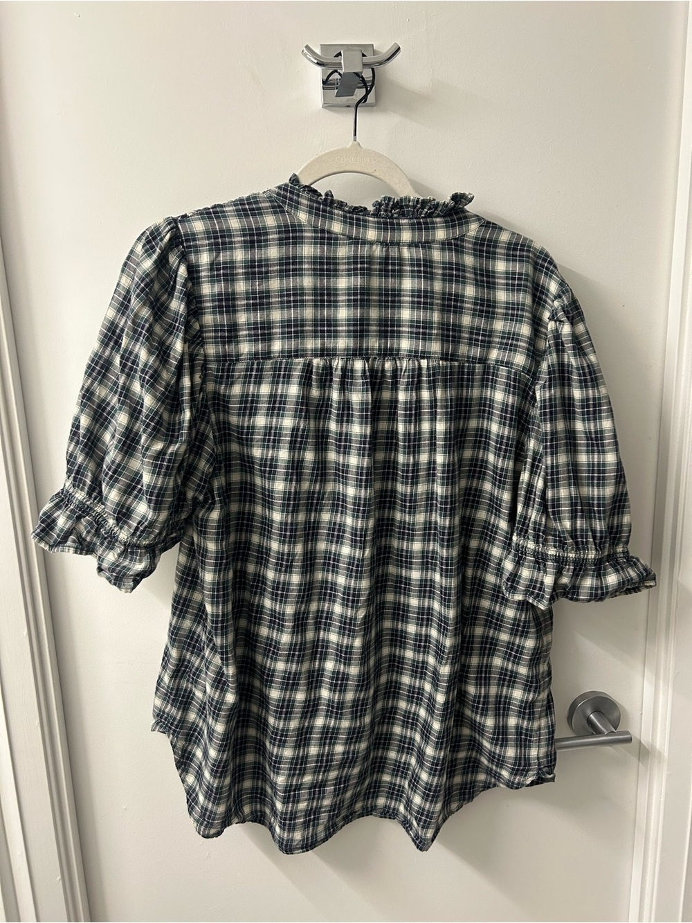 Plaid Ruffle Sleeve Button-Front Blouse - Picture 4 of 6